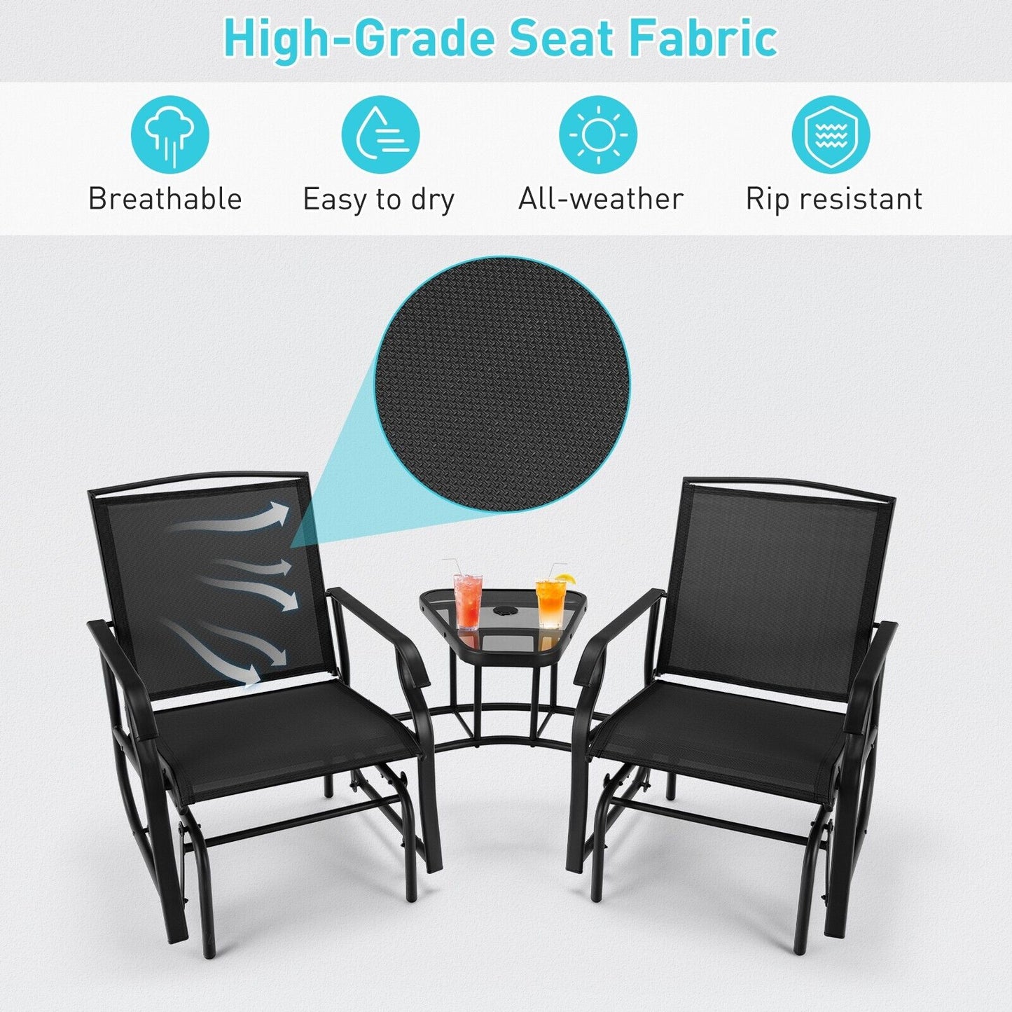 Outdoor Double Swing Glider Chair with Table and Umbrella Hole-Black