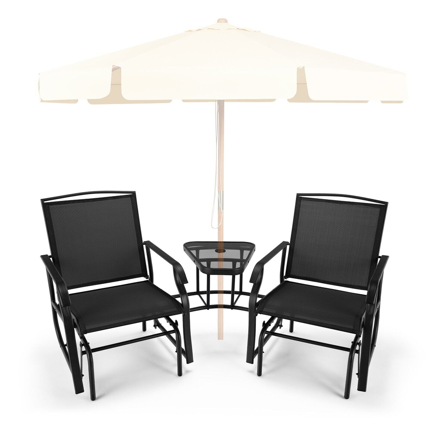 Outdoor Double Swing Glider Chair with Table and Umbrella Hole-Black
