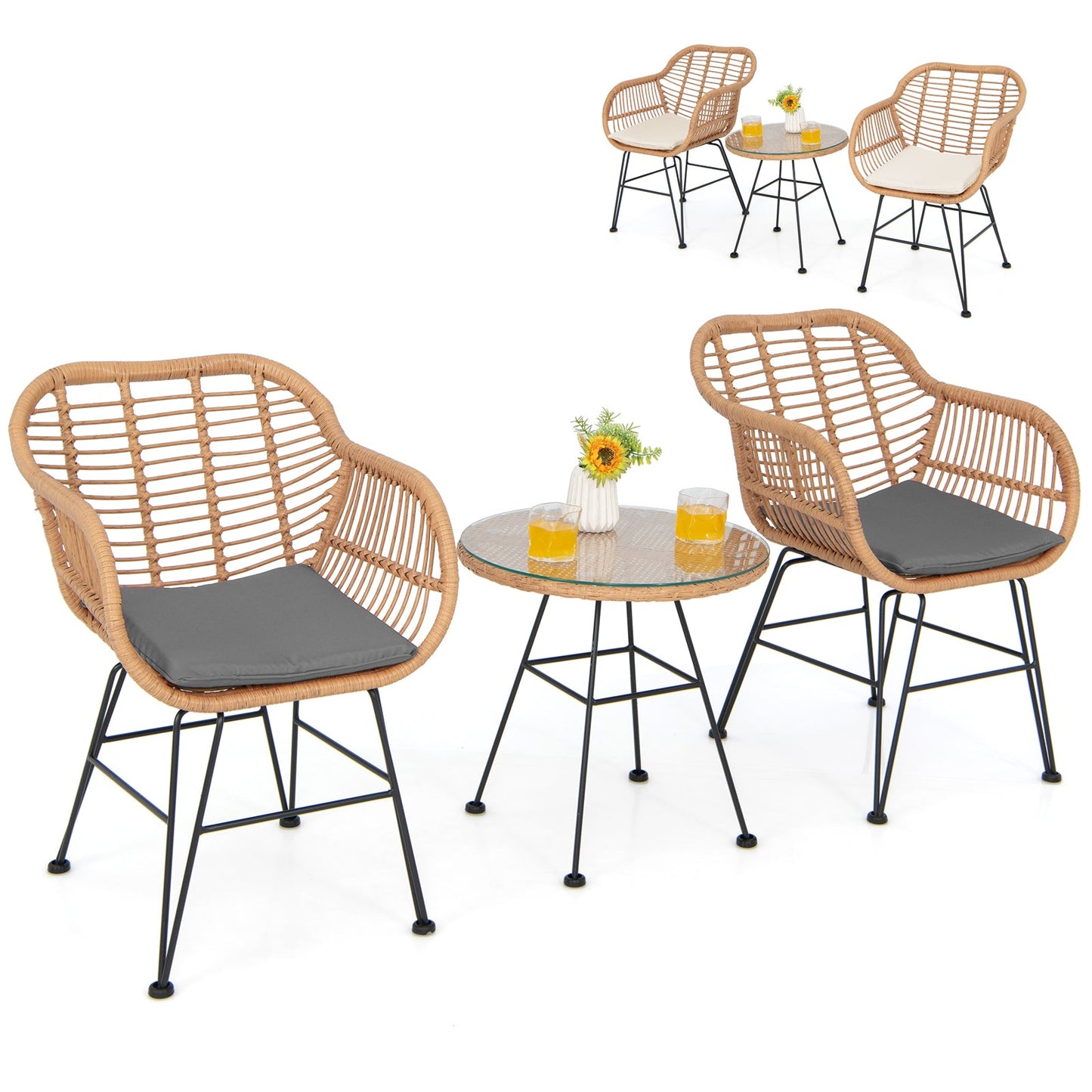 3 Pieces Patio Bistro Set with White Fabric Replacements-Grey