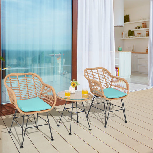 3 Pieces Patio Bistro Set with White Fabric Replacements-Turquoise