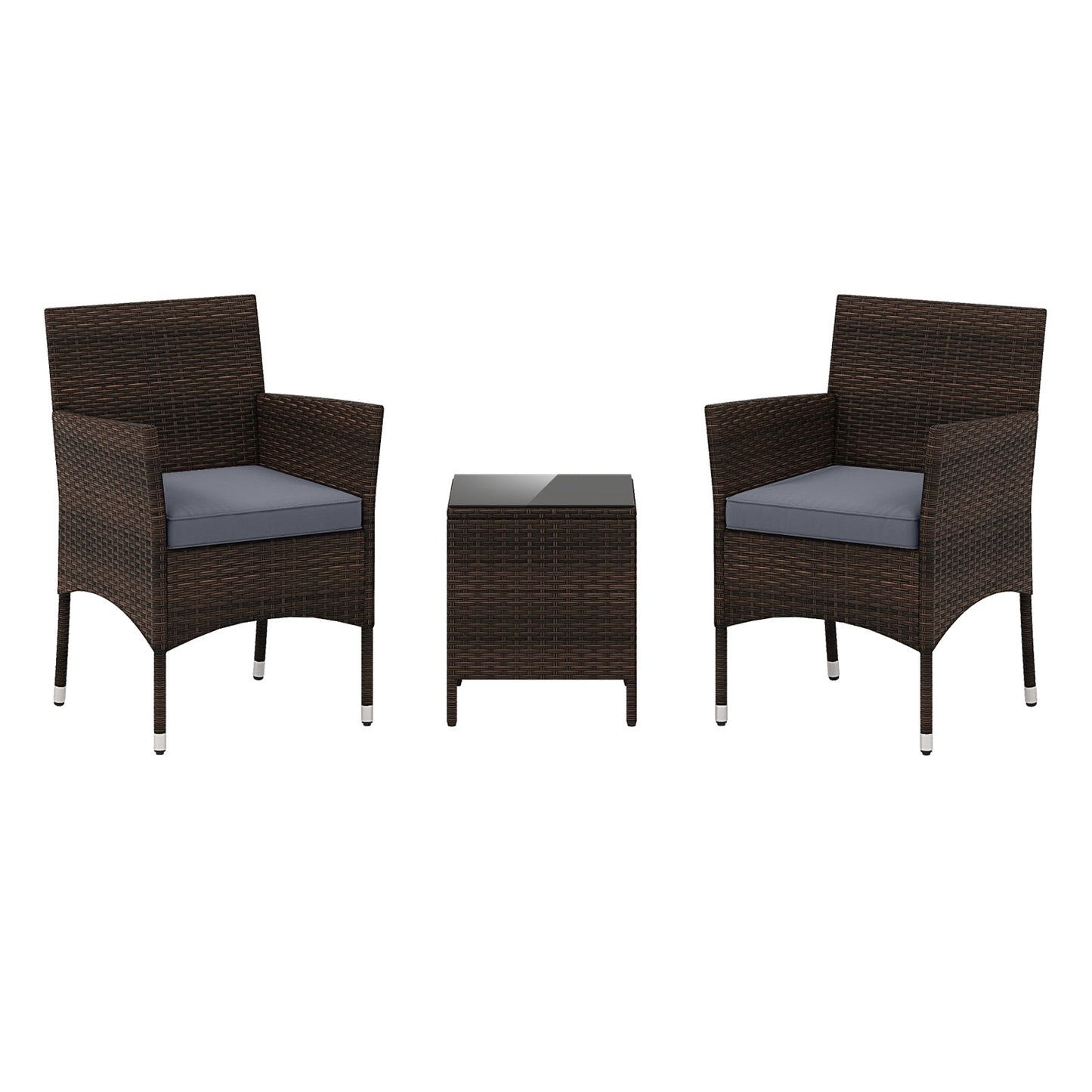 3 Pieces Patio Rattan Furniture Set with Soft Cushions and Glass Top Table-Grey