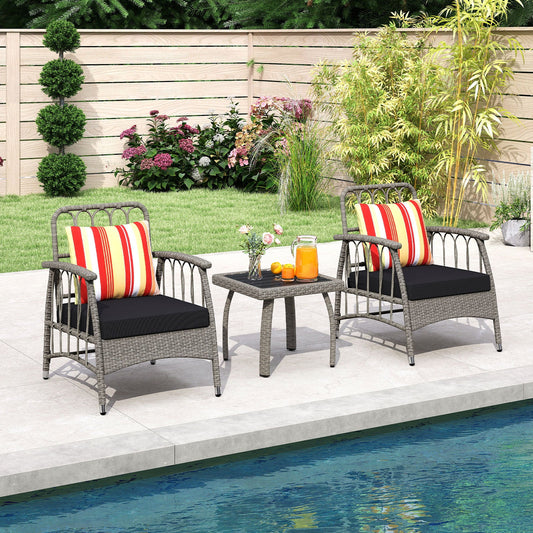 3 Pieces Patio PE Wicker Furniture Set with 5-Level Adjustable Backrest-Grey