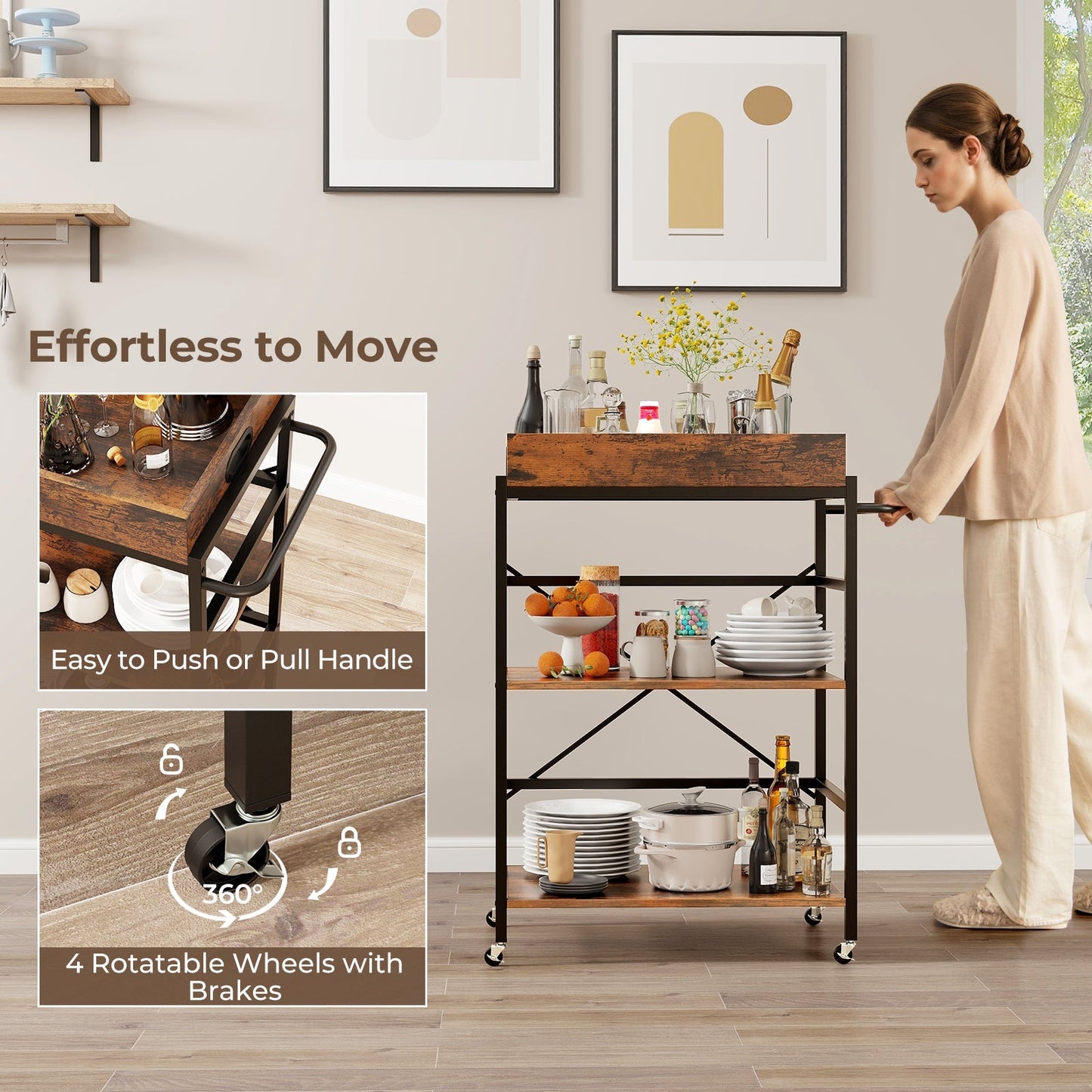 3-Tier Bar Cart Industrial Serving Cart with Detachable Tray-Rustic Brown