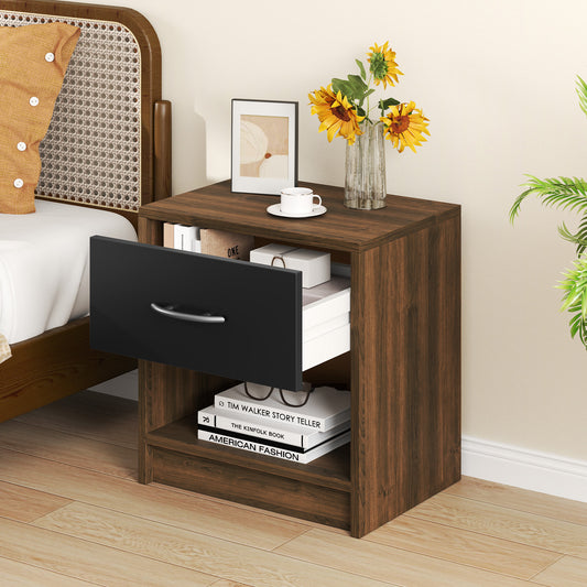 3-Tier Nightstand with Drawer and Open Storage Shelf for Small Spaces-Black & Brown