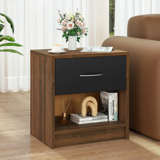 3-Tier Nightstand with Drawer and Open Storage Shelf for Small Spaces-Black & Brown