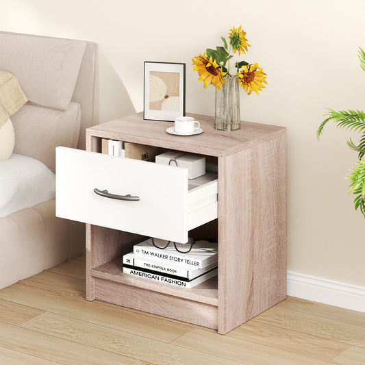 3-Tier Nightstand with Drawer and Open Storage Shelf for Small Spaces-Natural & White