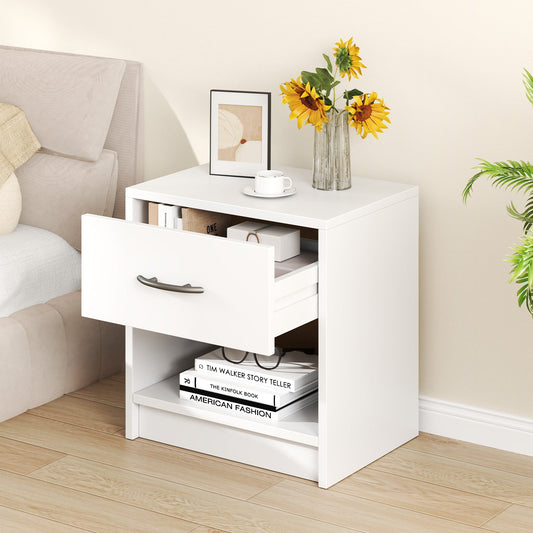 3-Tier Nightstand with Drawer and Open Storage Shelf for Small Spaces-White
