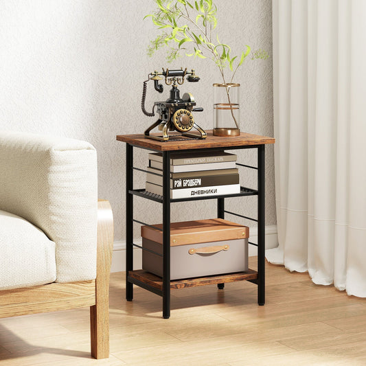 3-Tier Side Table with Height Adjustable Metal Mesh Shelf-Rustic Brown