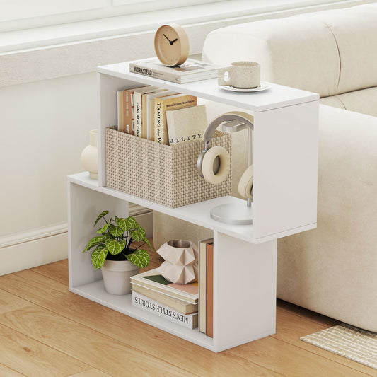 3-Tier Geometric Bookshelf Freestanding Wooden Bookcase with 2 Cubic Compartments-White