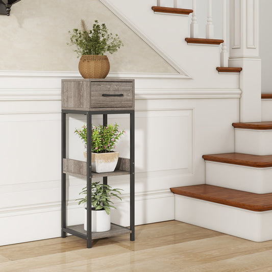 3 Tier Indoor Tall Plant Stand with Drawer and Anti-tipping Devices-Grey