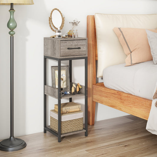 3 Tier Indoor Tall Plant Stand with Drawer and Anti-tipping Devices-Grey