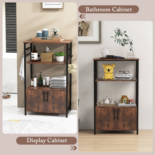 3-Tier Kitchen Bakers Rack with Cabinet Open Shelves and 10 Removable S-Shaped Hooks-Brown