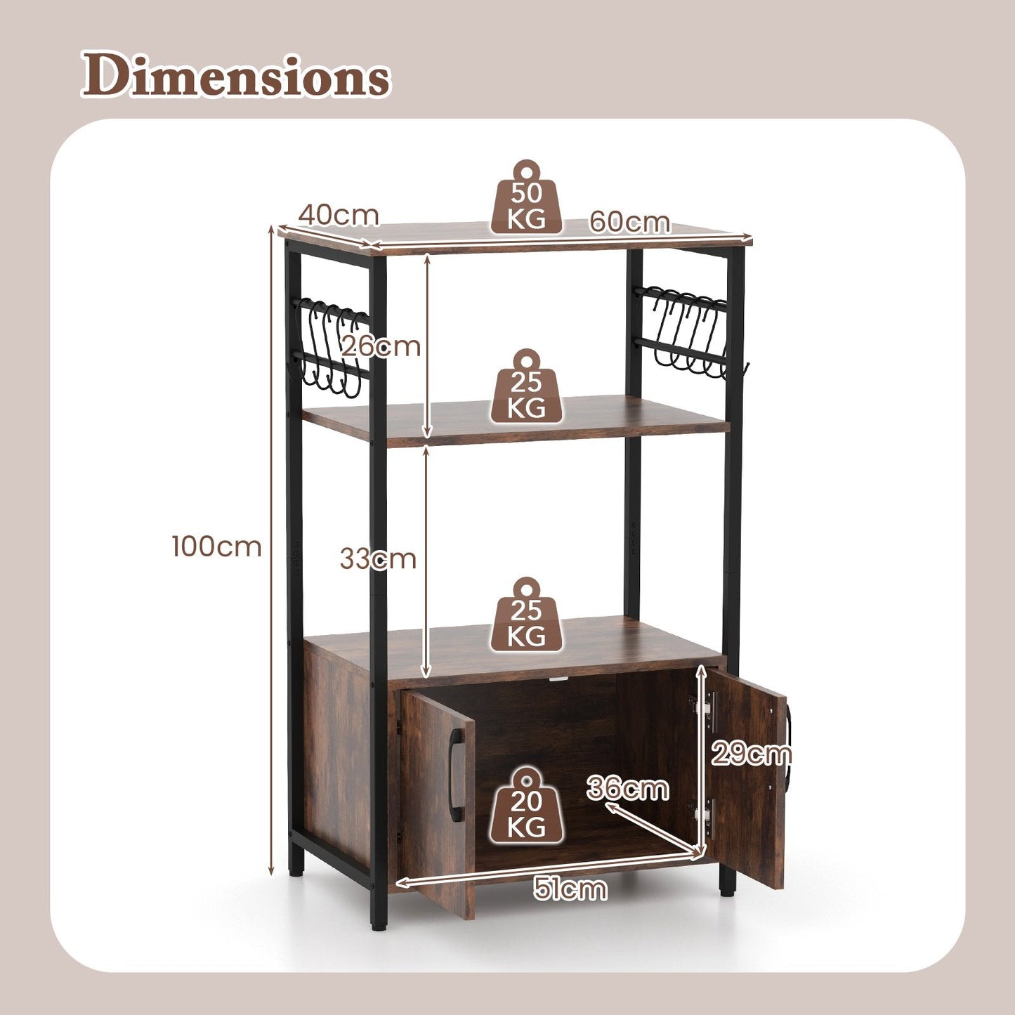 3-Tier Kitchen Bakers Rack with Cabinet Open Shelves and 10 Removable S-Shaped Hooks-Brown