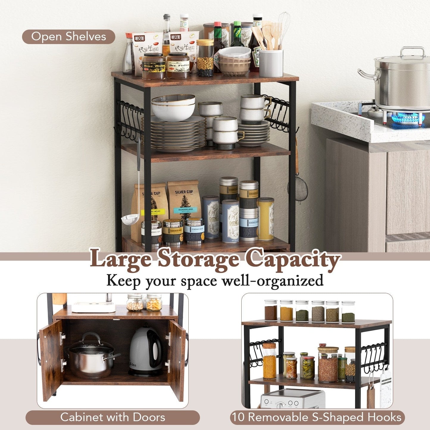 3-Tier Kitchen Bakers Rack with Cabinet Open Shelves and 10 Removable S-Shaped Hooks-Brown