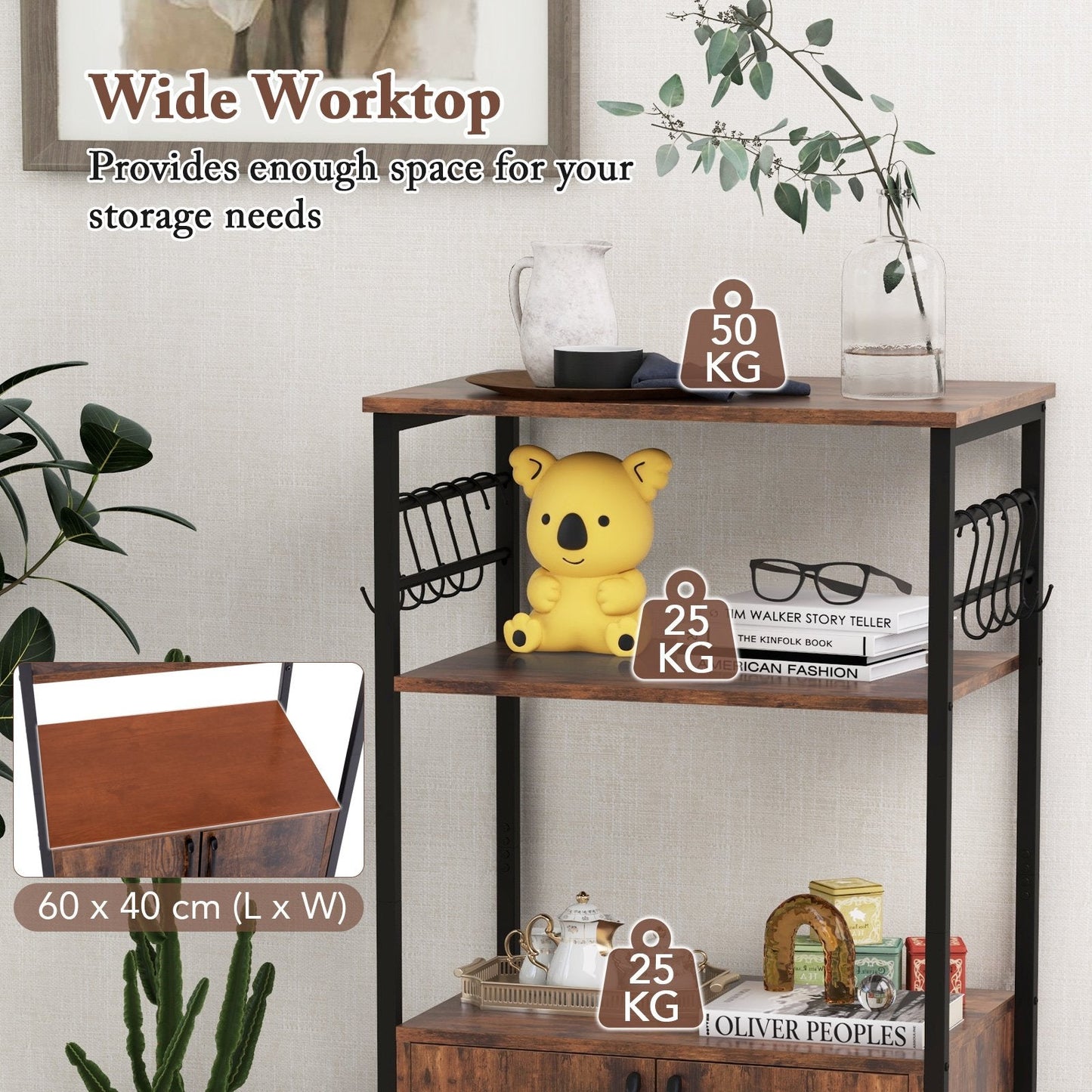 3-Tier Kitchen Bakers Rack with Cabinet Open Shelves and 10 Removable S-Shaped Hooks-Brown