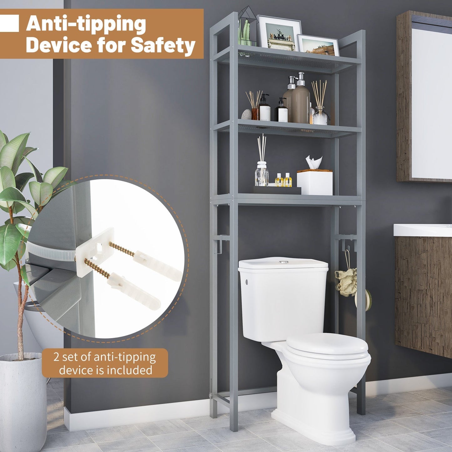 Over-The-Toilet Storage Shelf with Anti-tipping Device and Hooks-Grey