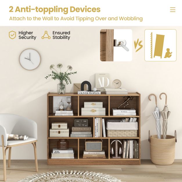 3-Tier Open Bookshelf Storage Cabinet with 8 Cubies-Natural