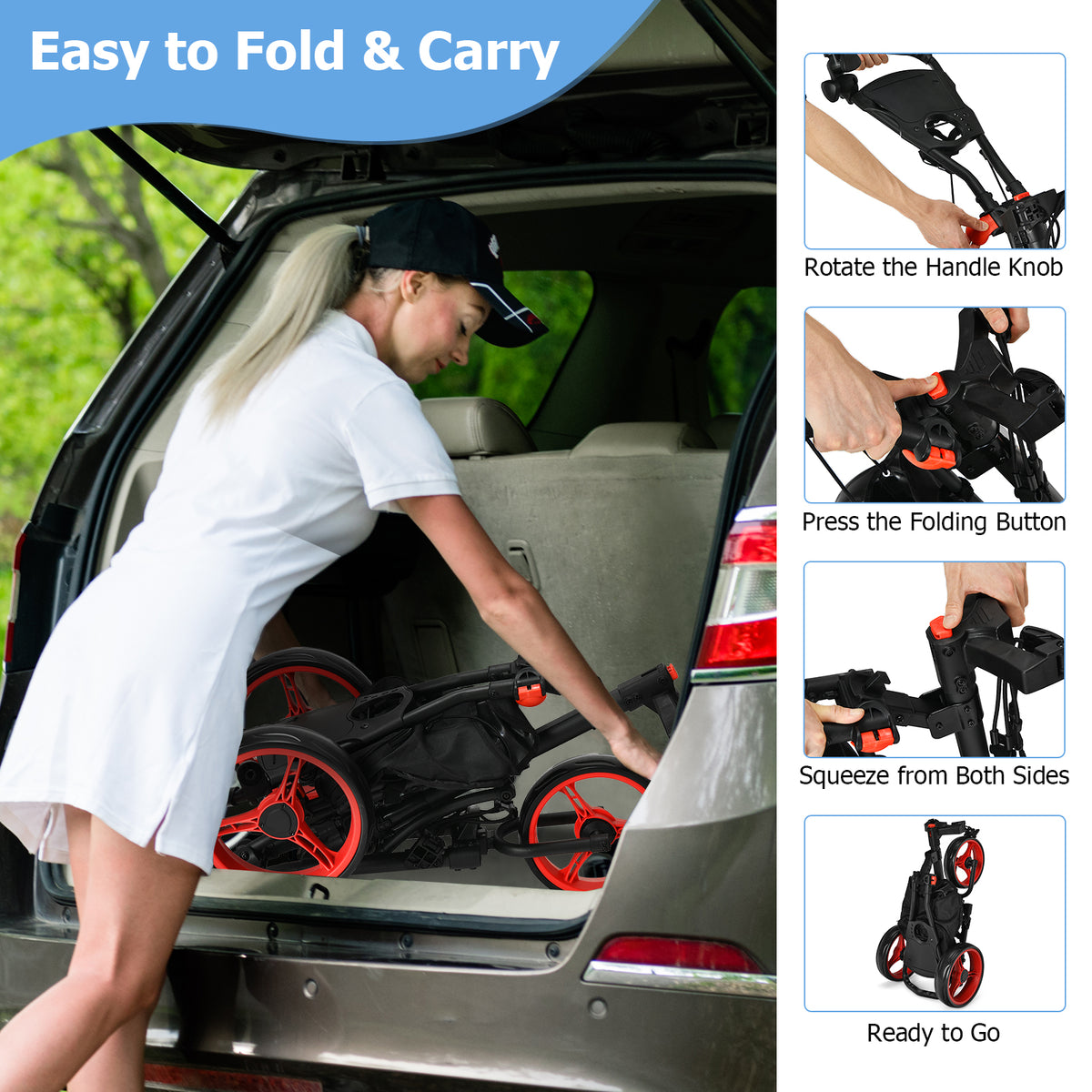 3 Wheel Golf Push Pull Cart with Adjustable Height Handle-Red