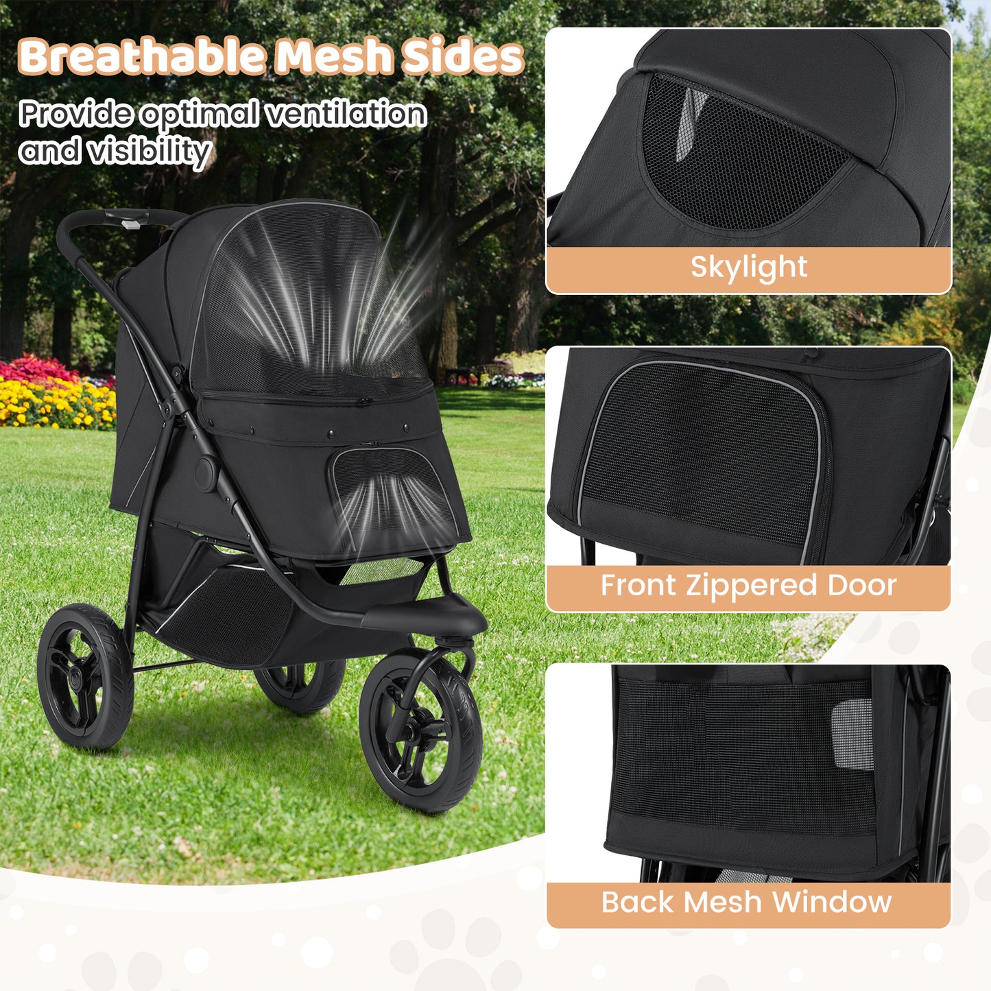 3-Wheel Pet Stroller for Small and Medium Dogs with All-Terrain Wheels-Black