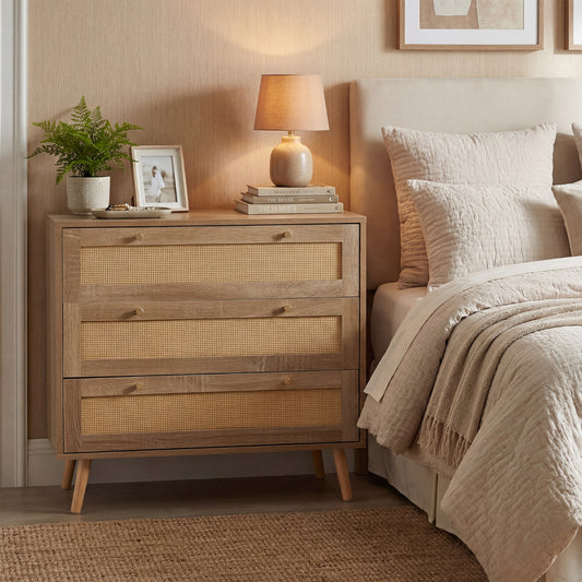 3-Drawer Rattan Dresser Boho Wooden Nightstand with 3 Drawers-Natural