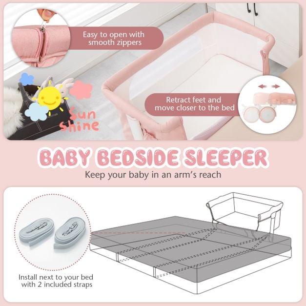 3-in-1 Adjustable Baby Bedside Bassinet with Mattress-Pink