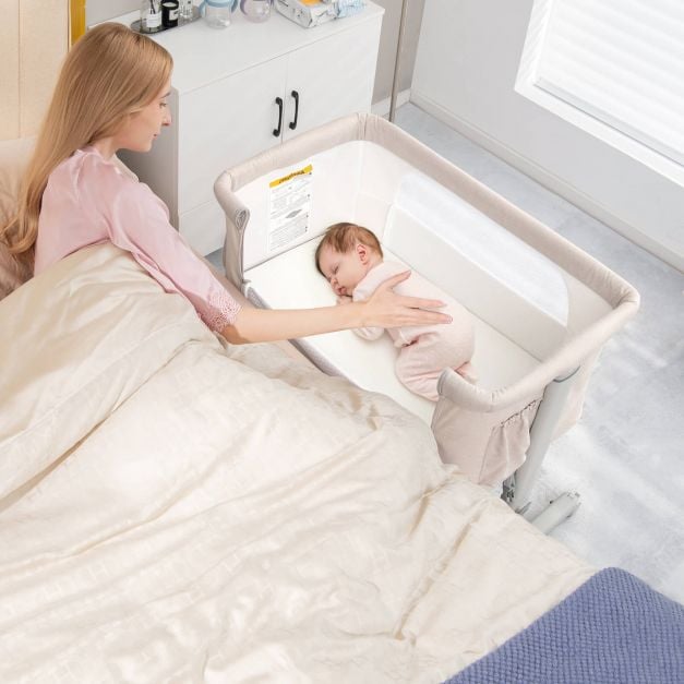 3-in-1 Adjustable Baby Bedside Bassinet with Mattress-Beige