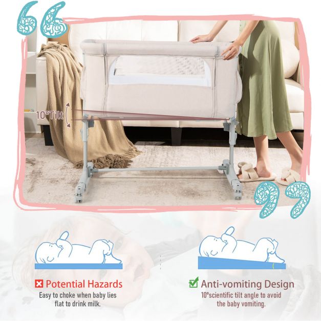 3-in-1 Adjustable Baby Bedside Bassinet with Mattress-Beige