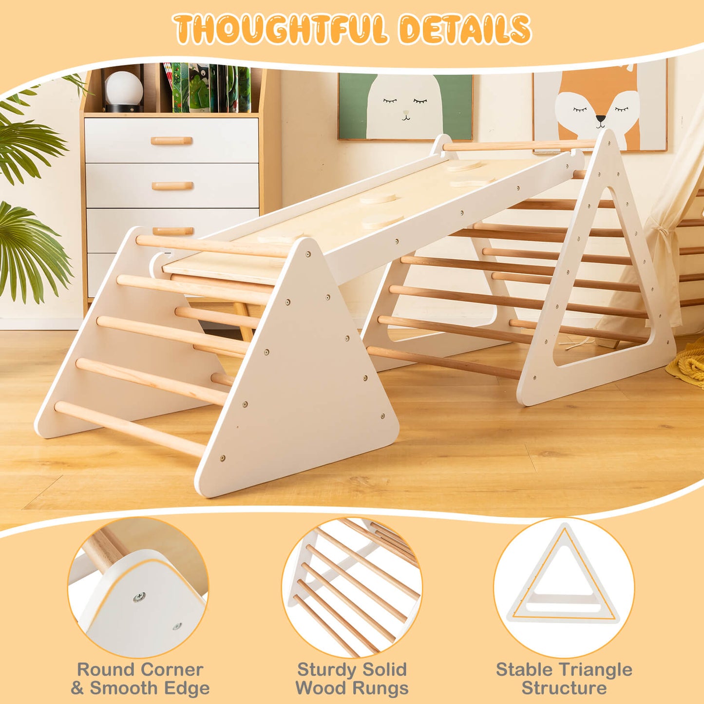 3 in 1 Climbing Toy Set with 2 Triangle Ladders and Double-Sided Ramp-White