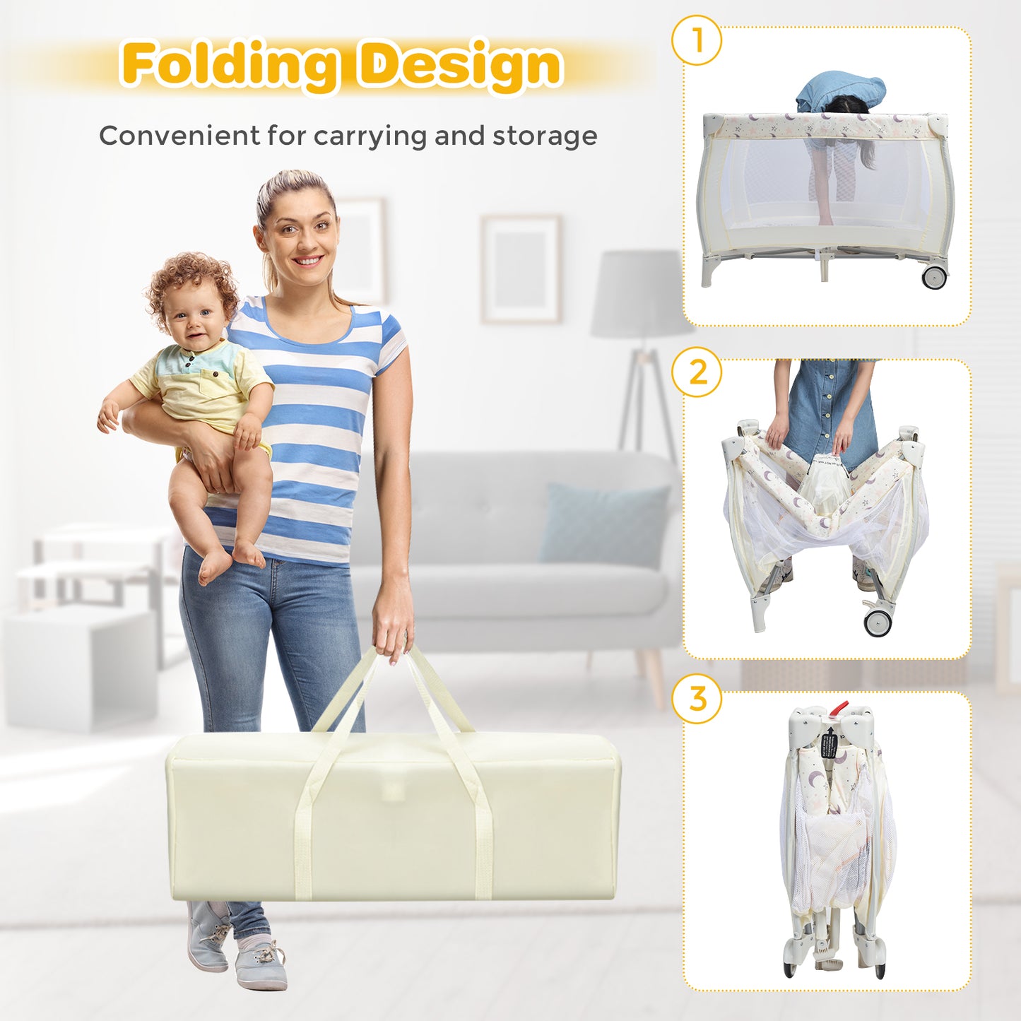 3 in 1 Convertible Bassinet Cot with Changing Table and Toy Bar-Beige