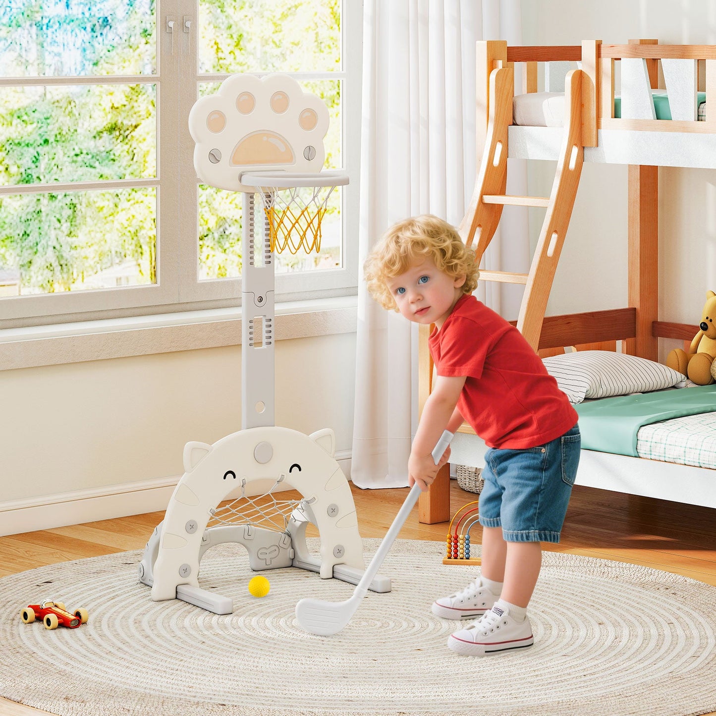 3-in-1 Kids Sports Center Adjustable Basketball Hoop with Soccer Game-White