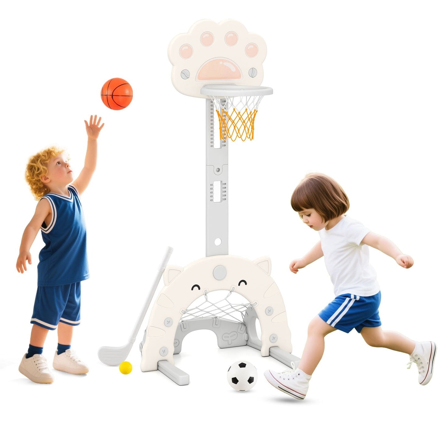 3-in-1 Kids Sports Center Adjustable Basketball Hoop with Soccer Game-White