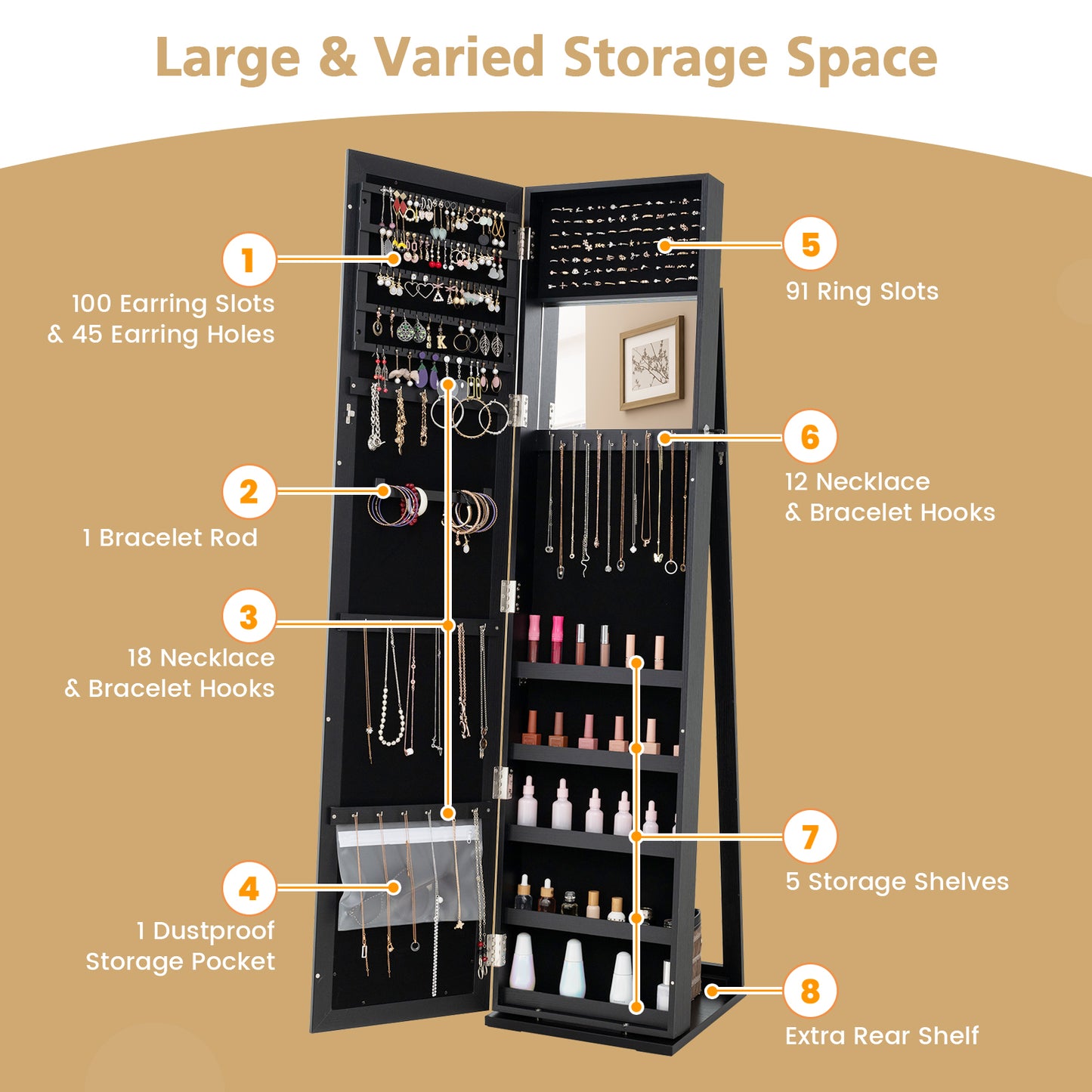 3-in-1 Mirrored Jewelry Armoire with Display Shelves-Black