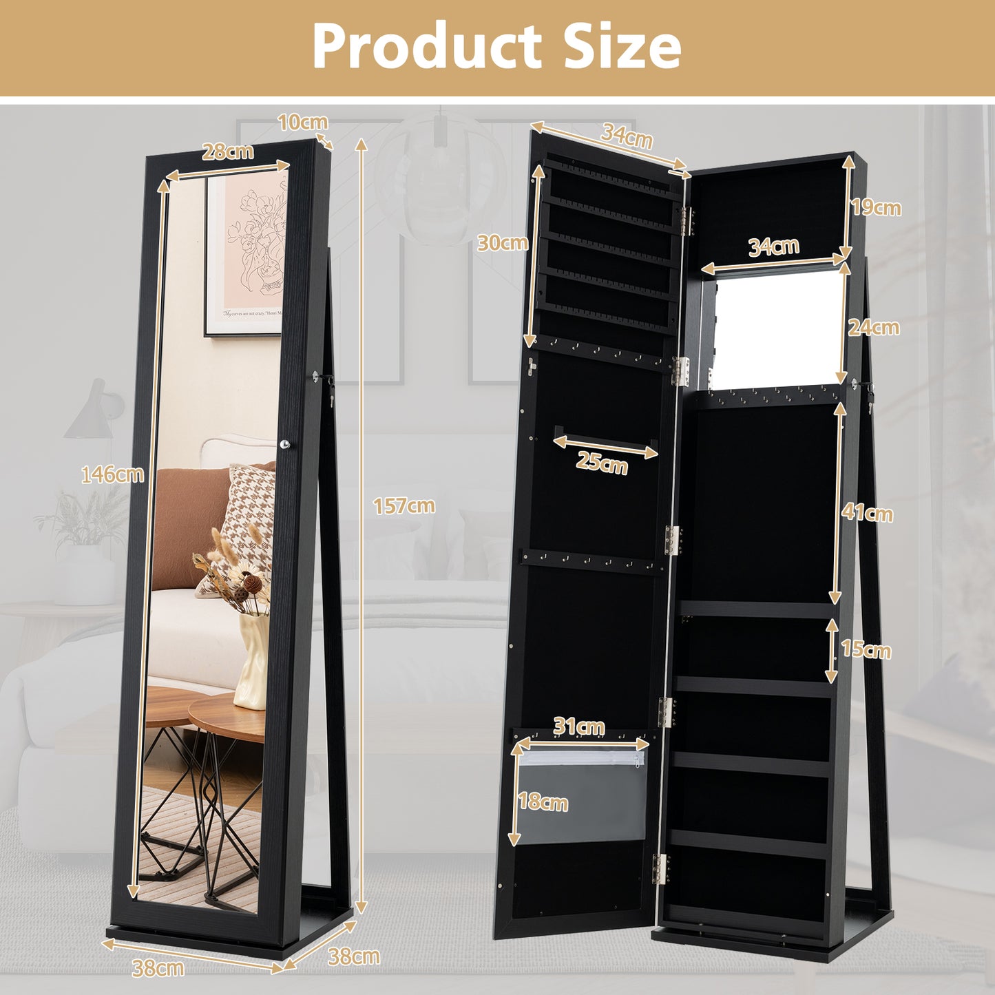 3-in-1 Mirrored Jewelry Armoire with Display Shelves-Black