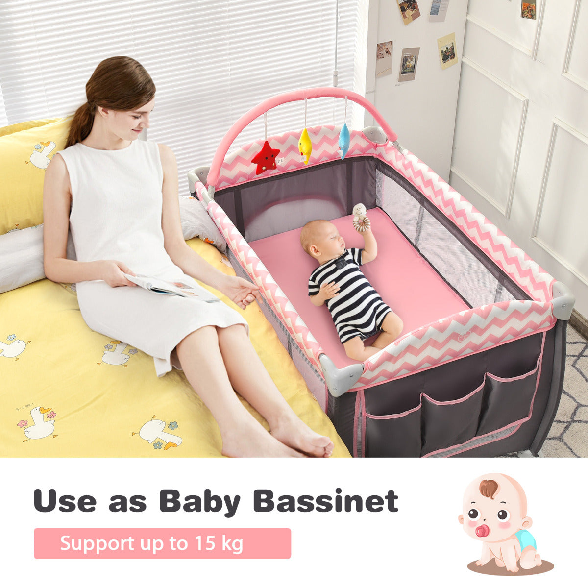 3 in 1 Baby Playard Portable Infant Nursery Center with Toy Bar-Light Pink