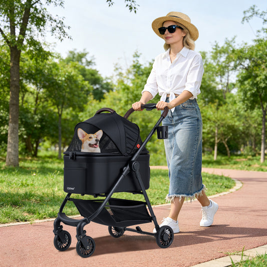 3-in-1 Pet Stroller One-hand Folding Dog Stroller Car Seat-Black
