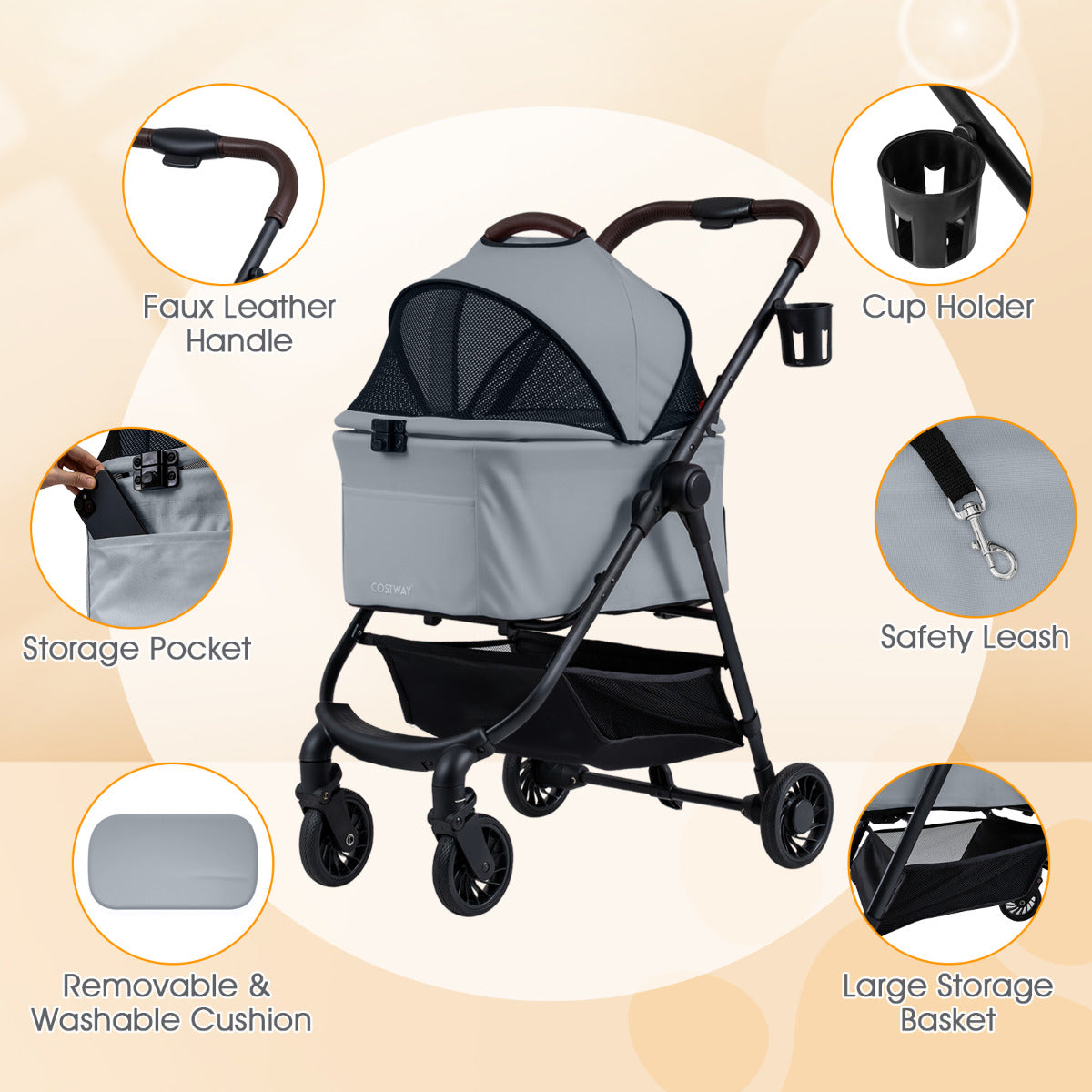 3-in-1 Pet Stroller One-hand Folding Dog Stroller Car Seat-Grey