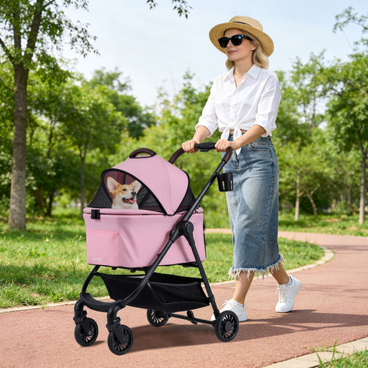 3-in-1 Pet Stroller One-hand Folding Dog Stroller Car Seat-Pink