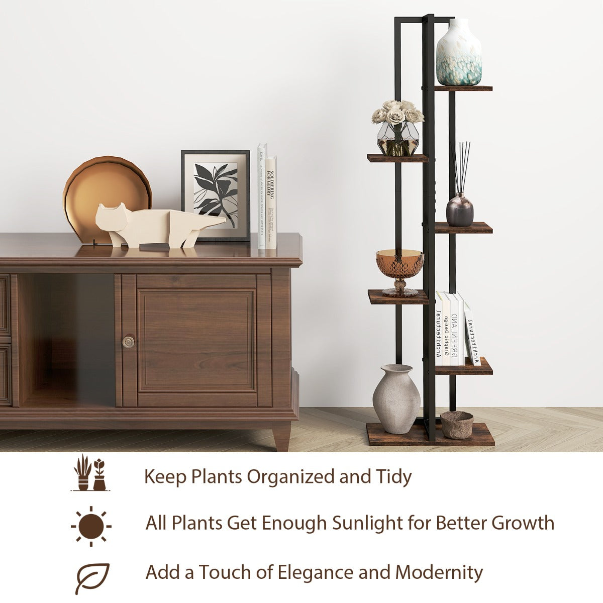 Set of 3 Indoor Plant Stands 4+5+6 Tier Corner Plant Holder with Anti-Tip Devices Brown