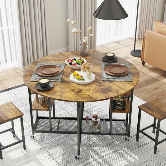 3-Piece Folding Dining Table Set with Large Tabletop and Storage Racks-Rustic Brown