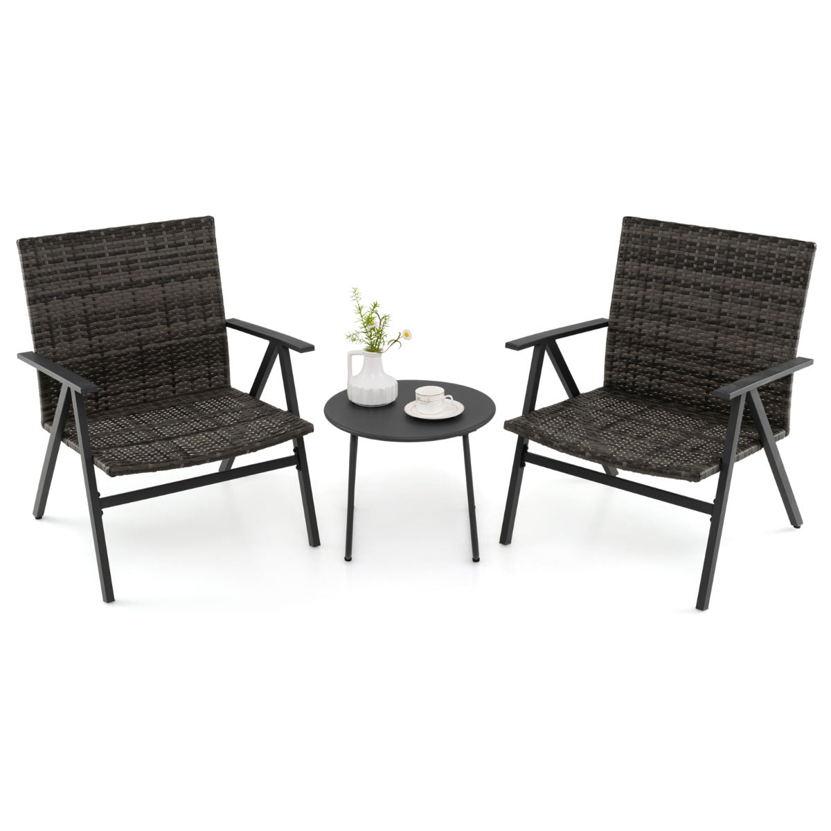 3 Piece Patio Bistro Set Metal Frame Leisure Armchair and Table Set with Rattan Seat and Back-Grey