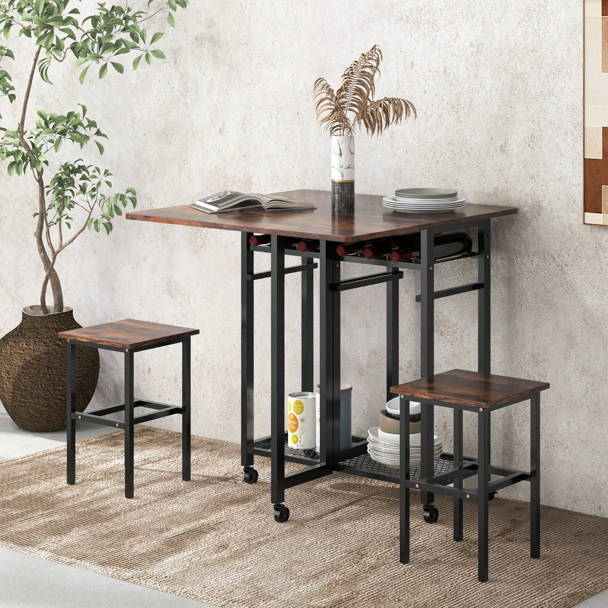 Extendable Dining Table Set with 6-Bottle Wine Rack-Rustic Brown