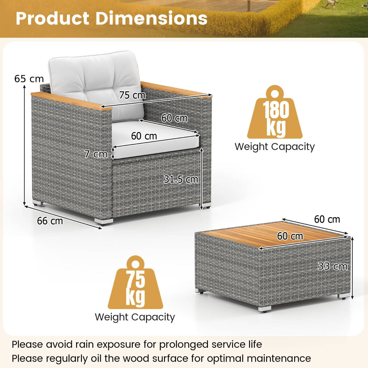 3 Pieces Patio Rattan Furniture Set with Cushions and Acacia Wood Top Coffee Table-White