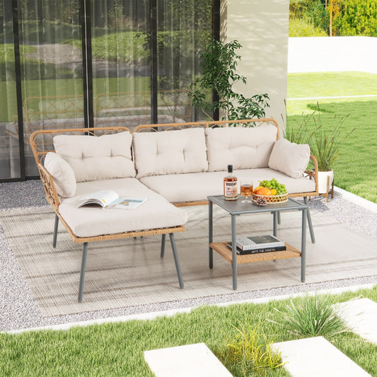 3 Pieces PE Rattan L-Shaped Corner Patio Furniture Sofa Set with Coffee Table-Beige