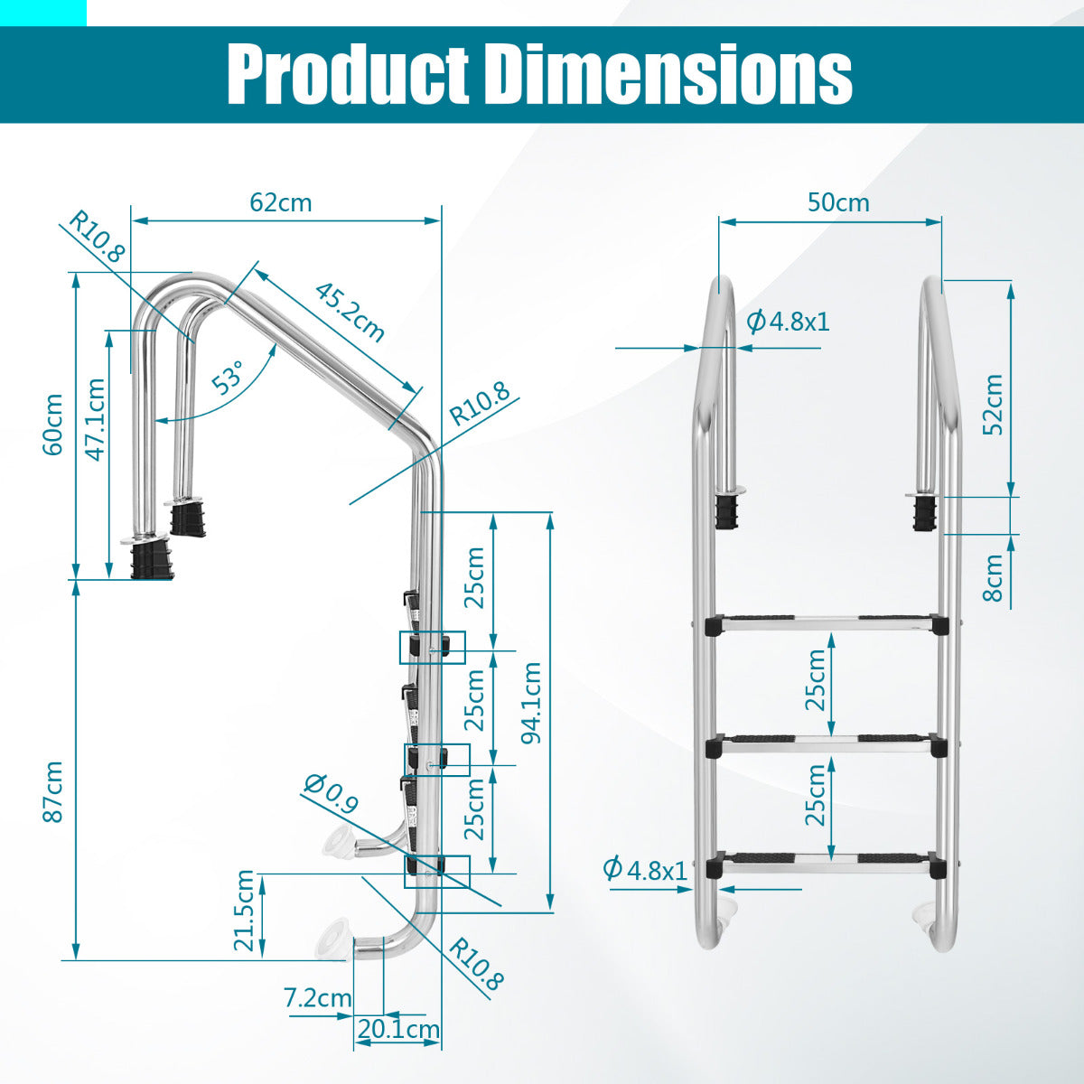3-Step 304 Stainless Steel Swimming Pool Ladder with Non-slip Steps and Handrails