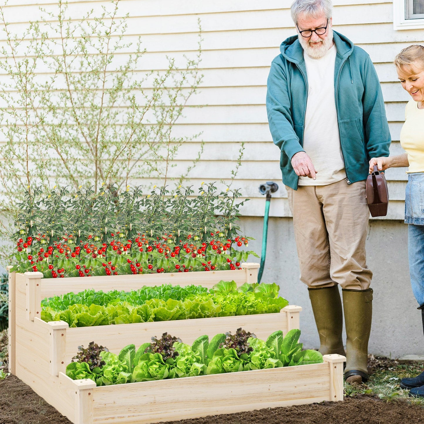 3-tier Fir Wood Raised Garden Bed with Open-ended Base