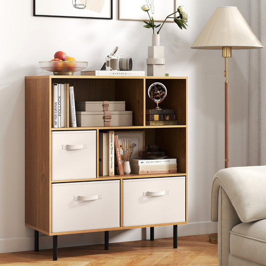 3-Tier Bookcase with 3 Removable Folding Fabric Drawers-Natural