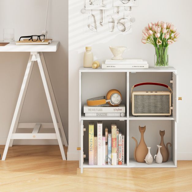 3-Tier Bookshelf with Dual Anti-Tipping Kits and 2 Cabinets-White