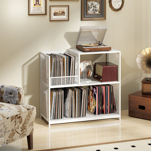 3-Tier Record Player Stand with Vinyl Storage and 3 Removable Dividers-White