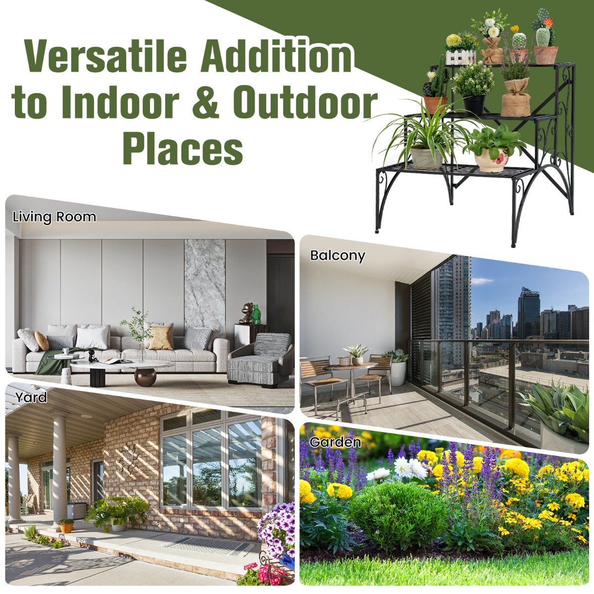 3 Tiers Ladder Flower Pots Holder with Grid Shelves-Black