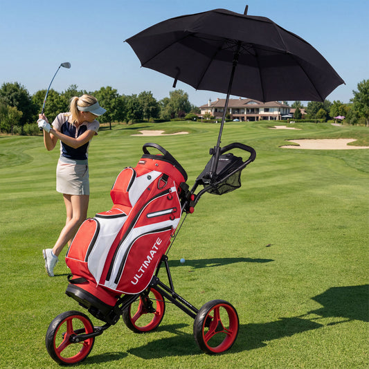 3 Wheel Folding Golf Push Cart with Adjustable Height Handle and Foot Brake-Red